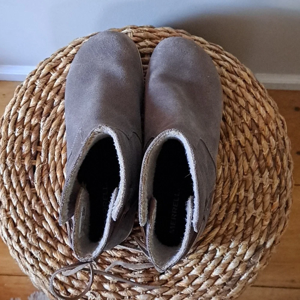 Merrell Womens Grey Suede Leather Pull-On Fleece Lined Ankle Booties Laces S-9.5